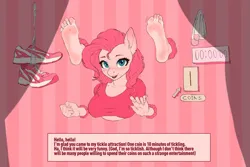 Size: 3000x2000 | Tagged: suggestive, artist:glluckk, ponerpics import, pinkie pie, anthro, breasts, clothes, dialogue, feet, female, fetish, foot fetish, foot focus, image, jpeg, shoes, soles, solo, tickle fetish, tickling, toes