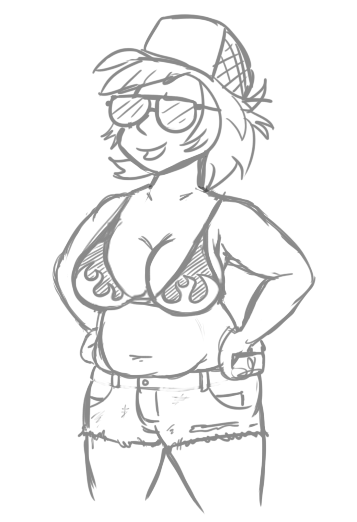 Size: 357x522 | Tagged: safe, artist:jargon scott, derpibooru import, oc, oc:low rider, unofficial characters only, human, belly, belly button, big breasts, bikini, bikini top, breasts, chubby, cleavage, clothes, female, grayscale, hand on hip, hat, humanized, humanized oc, image, light skin, monochrome, muffin top, open mouth, open smile, png, shorts, simple background, smiling, solo, sunglasses, swimsuit, white background