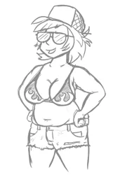 Size: 357x522 | Tagged: safe, artist:jargon scott, derpibooru import, oc, oc:low rider, unofficial characters only, human, belly, belly button, big breasts, bikini, bikini top, breasts, chubby, cleavage, clothes, female, grayscale, hand on hip, hat, humanized, humanized oc, image, light skin, monochrome, muffin top, open mouth, open smile, png, shorts, simple background, smiling, solo, sunglasses, swimsuit, white background