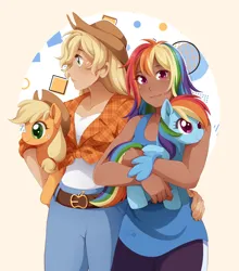 Size: 1804x2048 | Tagged: safe, artist:applesartt, derpibooru import, applejack, rainbow dash, earth pony, human, pegasus, pony, g4, abstract background, appledash, applejack plushie, applejack's hat, blackwashing, cowboy hat, dark skin, duo, duo female, female, freckles, hat, humanized, image, lesbian, looking at you, plushie, png, pony plushie, rainbow dash plushie, shipping, smiling, smiling at you