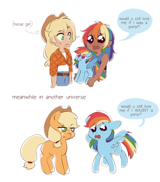 Size: 1804x2048 | Tagged: safe, artist:applesartt, derpibooru import, applejack, rainbow dash, earth pony, human, pegasus, pony, g4, appledash, applejack's hat, arrow, blackwashing, cowboy hat, dark skin, dialogue, duo, duo female, eye clipping through hair, eyebrows, eyebrows visible through hair, female, freckles, hairband, hat, humanized, image, lesbian, mare, meme, parallel universe, plushie, png, pony plushie, rainbow dash plushie, sad, shipping, simple background, speech bubble, spread wings, tail, tail band, talking, white background, wings