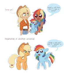 Size: 1804x2048 | Tagged: safe, artist:applesartt, derpibooru import, applejack, rainbow dash, earth pony, human, pegasus, pony, g4, appledash, applejack's hat, arrow, blackwashing, cowboy hat, dark skin, dialogue, duo, duo female, eye clipping through hair, eyebrows, eyebrows visible through hair, female, freckles, hairband, hat, humanized, image, lesbian, mare, meme, parallel universe, plushie, png, pony plushie, rainbow dash plushie, sad, shipping, simple background, speech bubble, spread wings, tail, tail band, talking, white background, wings