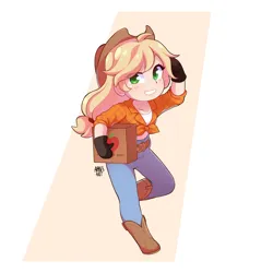 Size: 2048x2048 | Tagged: safe, artist:applesartt, derpibooru import, applejack, human, g4, abstract background, applejack's hat, blushing, boots, chibi, clothes, cowboy hat, denim, female, hat, high res, holding, humanized, image, jeans, looking at you, pale skin, pants, png, shoes, smiling, smiling at you, solo