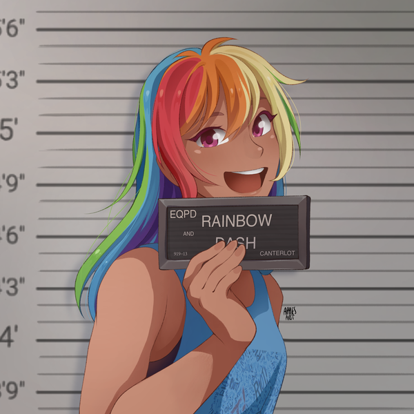 Size: 2048x2048 | Tagged: safe, artist:applesartt, derpibooru import, rainbow dash, human, g4, barbie, barbie (film), barbie mugshot meme, blushing, clothes, cute, dark skin, dashabetes, female, high res, humanized, image, jail, looking at you, meme, mugshot, open mouth, open smile, png, smiling, smiling at you, solo, sports bra, tanktop