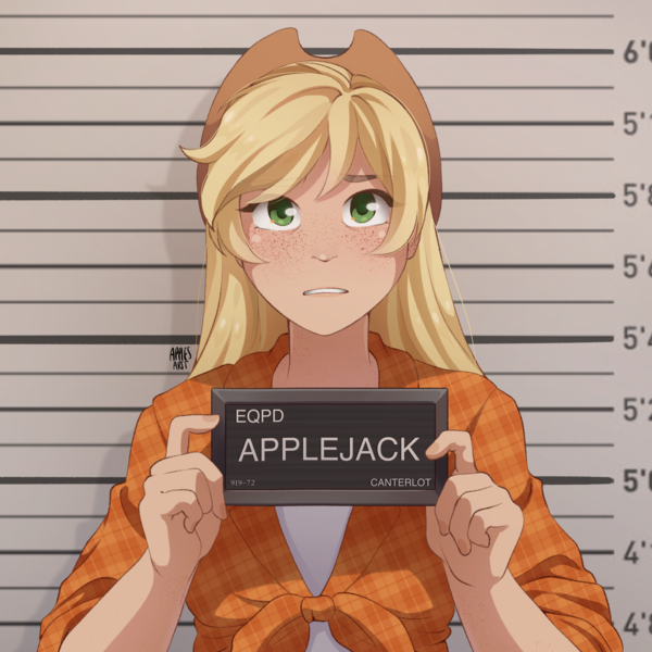 Size: 2048x2048 | Tagged: safe, artist:applesartt, derpibooru import, applejack, human, g4, applejack's hat, barbie, barbie (film), barbie mugshot meme, blushing, clothes, cowboy hat, cute, female, flannel, freckles, gritted teeth, hat, high res, humanized, image, jackabetes, jail, looking at you, meme, mugshot, nervous, png, solo, tanktop, teeth, worried