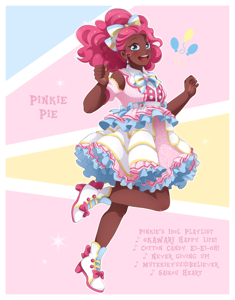 Size: 1606x2048 | Tagged: safe, artist:applesartt, derpibooru import, pinkie pie, human, g4, blackwashing, bow, clothes, dark skin, female, hair bow, humanized, image, looking at you, one leg raised, open mouth, open smile, png, shoes, smiling, solo, text