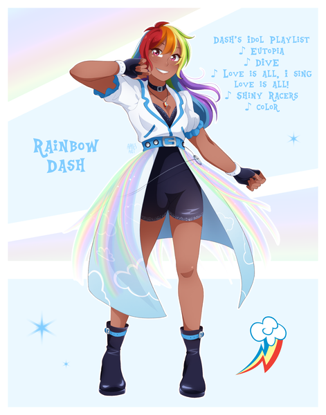 Size: 1606x2048 | Tagged: safe, artist:applesartt, derpibooru import, rainbow dash, human, g4, blackwashing, clothes, dark skin, female, humanized, idol, image, looking at you, music notes, png, smiling, smiling at you, solo, tomboy