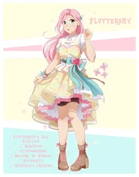 Size: 1606x2048 | Tagged: safe, artist:applesartt, derpibooru import, fluttershy, human, g4, blushing, clothes, dress, eye clipping through hair, eyebrows, eyebrows visible through hair, female, humanized, idol, image, open mouth, png, solo