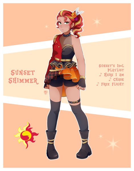 Size: 1606x2048 | Tagged: safe, artist:applesartt, derpibooru import, sunset shimmer, human, g4, alternate hairstyle, belt, black socks, boots, choker, clothes, cutie mark accessory, cutie mark background, cutie mark hair accessory, ear piercing, female, fingerless gloves, frilly skirt, gloves, humanized, idol, image, music notes, name, piercing, plaid skirt, png, see-through, shoes, shorts, signature, skirt, socks, solo, song title, sparkles, spiked choker, standing, tan skin, thigh highs, thigh socks