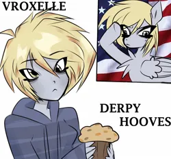 Size: 1400x1300 | Tagged: safe, artist:vroxelle, derpibooru import, derpy hooves, pegasus, pony, equestria girls, g4, american flag, clothes, digital art, female, flag, food, hoodie, image, jpeg, mare, muffin, raised hoof, salute, self paradox, short hair, simple background, white background