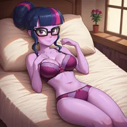 Size: 1536x1536 | Tagged: suggestive, ai content, machine learning generated, prompter:funnyglow144, stable diffusion, sci-twi, twilight sparkle, human, equestria girls, g4, armpits, ass, barefoot, bedroom eyes, big breasts, blushing, bra, breasts, butt, cleavage, clothes, couch, dress, erect nipples, feet, female, generator:pony diffusion v6 xl, grin, image, indoors, legs, living room, looking at you, looking back, looking back at you, lying down, nipple outline, on back, on couch, panties, png, purple bra, purple panties, sexy, smiling, solo, solo female, teasing, thighs, thong, underwear, window