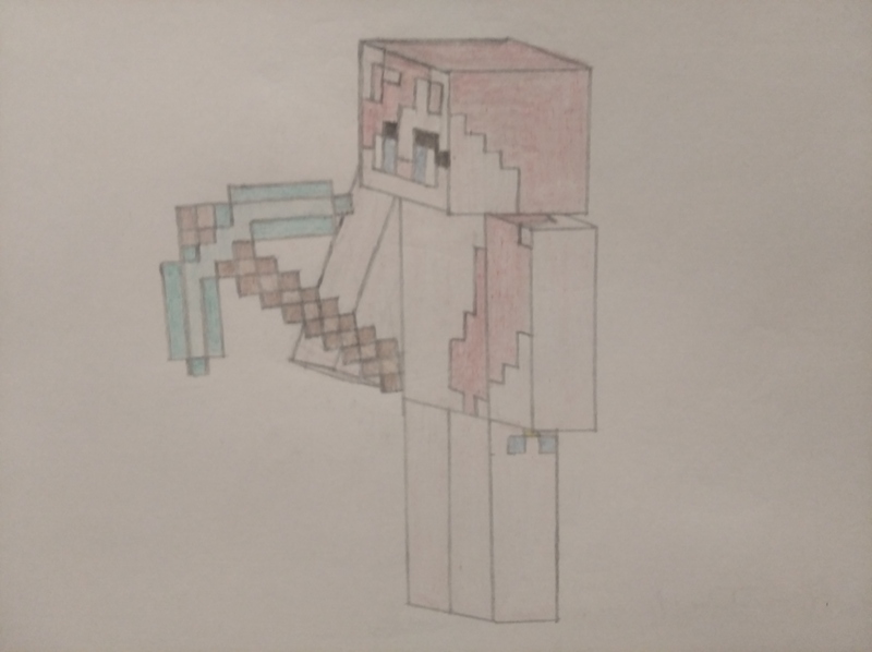 Size: 4032x3016 | Tagged: safe, artist:jakusi, derpibooru import, pinkie pie, pony, g4, diamond pickaxe, female, image, jpeg, mare, minecraft, minecraft skin, pickaxe, pinktober, solo, traditional art