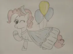 Size: 4032x3016 | Tagged: safe, artist:jakusi, derpibooru import, pinkie pie, pony, g4, balloon, clothes, dress, female, hoof shoes, image, jewelry, jpeg, mare, one eye closed, pinktober, princess, princess dress, princess shoes, shoes, solo, tiara, traditional art, waving, wink