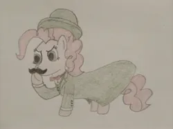 Size: 4032x3016 | Tagged: safe, artist:jakusi, derpibooru import, pinkie pie, pony, g4, bowler hat, bowtie, clothes, coat, detective, facial hair, female, hat, hercule poirot, image, jpeg, mare, moustache, pinktober, solo, suit, traditional art, vest