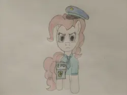 Size: 4032x3016 | Tagged: safe, artist:jakusi, derpibooru import, pinkie pie, pony, g4, angry, clothes, female, hat, image, jpeg, looking at you, mare, necktie, pinktober, police, police badge, police hat, police officer, police uniform, solo, traditional art, uniform