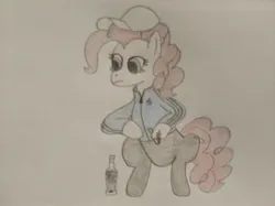 Size: 4032x3016 | Tagged: safe, artist:jakusi, derpibooru import, pinkie pie, pony, g4, adidas, adidas tracksuit, alcohol, bipedal, bottle, cap, cigarette, drink, female, gopnik, hat, image, jpeg, mare, pinktober, sad, slav squat, smoking, solo, squatting, tracksuit, traditional art, vodka