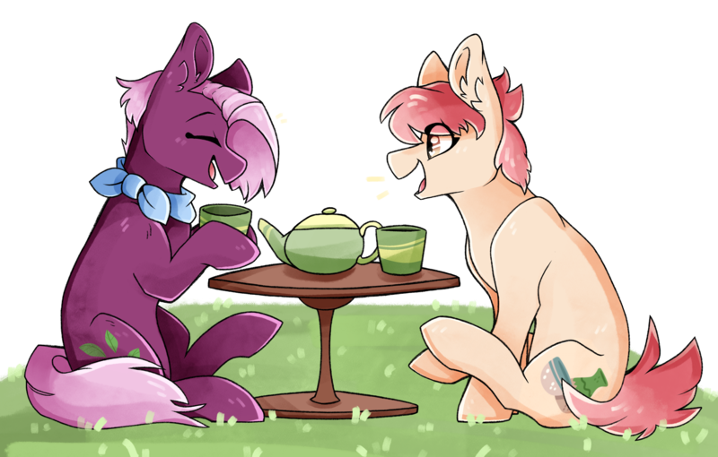 Size: 3606x2300 | Tagged: safe, artist:sunnysynopsis, derpibooru import, jasmine leaf, raspberry vinaigrette, earth pony, pony, g4, duo, duo female, ear fluff, eyes closed, female, food, image, mare, mug, open mouth, open smile, outdoors, png, side view, simple background, sitting, smiling, table, tea, tea kettle, transparent background