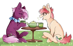 Size: 3606x2300 | Tagged: safe, artist:sunnysynopsis, derpibooru import, jasmine leaf, raspberry vinaigrette, earth pony, pony, g4, duo, duo female, ear fluff, eyes closed, female, food, image, mare, mug, open mouth, open smile, outdoors, png, side view, simple background, sitting, smiling, table, tea, tea kettle, transparent background