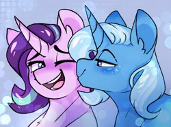 Size: 2422x1792 | Tagged: safe, artist:sunnysynopsis, derpibooru import, starlight glimmer, trixie, pony, unicorn, g4, duo, duo female, female, horn, image, kiss on the cheek, kissing, lesbian, mare, one eye closed, open mouth, open smile, png, shipping, smiling, smooch, startrix