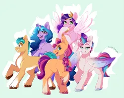 Size: 5073x4024 | Tagged: safe, artist:sunny-synopsis, artist:sunnysynopsis, derpibooru import, hitch trailblazer, izzy moonbow, pipp petals, sunny starscout, zipp storm, earth pony, pegasus, pony, unicorn, g5, my little pony: a new generation, blue mane, blue tail, braid, brown eyes, brown hooves, coat markings, colored hooves, colored wings, concave belly, crown, cyan eyes, diadem, female, flying, folded wings, gold hooves, green background, green eyes, group, hooves, horn, image, jewelry, looking at you, magenta hooves, male, mane five, mane five (g5), mare, multicolored wings, multiple characters, open mouth, open smile, orange coat, png, pose, purple coat, purple eyes, purple mane, purple tail, raised hoof, regalia, sextet, signature, silver hooves, simple background, smiling, socks (coat marking), spread wings, stallion, tail, three toned wings, two toned mane, two toned tail, unshorn fetlocks, wings, yellow coat