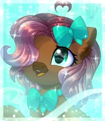 Size: 1274x1470 | Tagged: safe, artist:auroracursed, derpibooru import, oc, unofficial characters only, earth pony, pony, abstract background, ahoge, bow, bowtie, brown coat, bust, colored muzzle, colored pinnae, cute, ear fluff, facial markings, female, hair bow, hair over one eye, icon, image, mare, neck bow, ocbetes, open mouth, open smile, png, shiny mane, smiling, solo, sparkles, sparkly mane, watermark