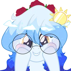 Size: 2048x2048 | Tagged: safe, artist:be_yourself, artist:cosmosloghy, derpibooru import, oc, oc:altersmay earth, ponified, pegasus, pony, blushing, bust, cloud, female, floppy ears, flower, flower in hair, glasses, happy, image, looking at you, older, older altersmay earth, planet ponies, png, portrait, rose, round glasses, simple background, solo, space ponies, touching face, transparent background