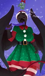 Size: 1534x2578 | Tagged: suggestive, artist:evlass, derpibooru import, oc, oc:ash, unofficial characters only, anthro, gryphon, bedroom eyes, breasts, christmas, clothes, condom, condom in mouth, female, griffon oc, hand on hip, hat, holiday, image, looking at you, mistletoe, mouth hold, png, santa hat, socks, stockings, thigh highs, wings