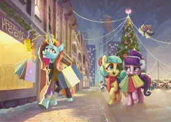 Size: 3555x2528 | Tagged: safe, artist:jewellier, artist:parab3llum, derpibooru import, coco pommel, coloratura, sassy saddles, songbird serenade, suri polomare, earth pony, pegasus, pony, unicorn, g4, my little pony: the movie, bag, christmas, christmas lights, christmas tree, city, clothes, coffee, collaboration, female, holiday, horn, image, levitation, magic, manehattan, mare, png, shopping, shopping bag, snow, snowfall, telekinesis, tree, zine art