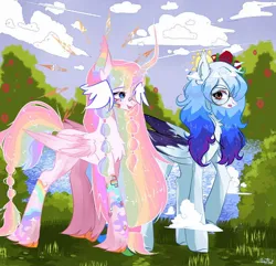 Size: 1222x1176 | Tagged: safe, derpibooru import, oc, oc:altersmay earth, ponified, unnamed oc, alicorn, pegasus, pony, bandage, chest fluff, cloud, colored ears, colored hooves, colored horn, colored wings, duo, duo female, eyebrows, eyelashes, eyeshadow, female, flower, flower in hair, garden, glasses, halo, head wings, hooves, horn, image, jewelry, jpeg, lake, looking at each other, looking at someone, makeup, necklace, older, older altersmay earth, open mouth, planet ponies, rose, round glasses, space ponies, sticker, walking, water, wings