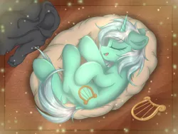 Size: 1600x1200 | Tagged: safe, artist:門久, derpibooru import, lyra heartstrings, pony, unicorn, fanfic:background pony, g4, clothes, dig the swell hoodie, dock, eyes closed, female, hoodie, horn, image, jpeg, lying down, lyre, mare, musical instrument, side, solo, tail