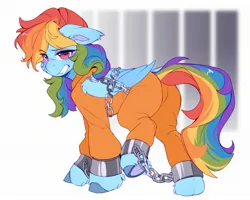 Size: 2048x1638 | Tagged: safe, artist:t_sugar_x, derpibooru import, rainbow dash, bound wings, chained, chains, clothes, commissioner:rainbowdash69, image, jpeg, jumpsuit, looking back, never doubt rainbowdash69's involvement, prison outfit, prisoner, prisoner rd, shackles, wings