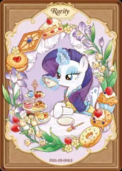 Size: 1284x1805 | Tagged: safe, derpibooru import, official, biscuit, rarity, pony, unicorn, g4, afternoon tea, cake, chair, chocolate, clothes, cup, dessert, dress, flower, food, horn, image, jpeg, kayou, looking down, magic, magic aura, merchandise, outfit, plate, sitting, solo, teacup, text