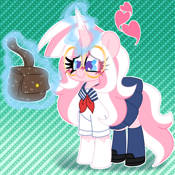 Size: 2000x2000 | Tagged: safe, artist:ladylullabystar, derpibooru import, oc, oc:lady lullaby star, pony, unicorn, bag, clothes, female, glasses, horn, image, magic, mare, png, saddle bag, school uniform, solo, uniform