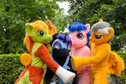 Size: 4928x3264 | Tagged: safe, artist:atalonthedeer, derpibooru import, daring do, firefly, nightmare moon, oc, oc:croc pony, oc:tracy swift, g1, g4, 2015, fursuit, galacon, group, image, irl, jpeg, outdoors, photo, ponysuit, quintet