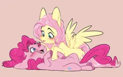 Size: 7608x4752 | Tagged: safe, artist:chub-wub, derpibooru import, fluttershy, pinkie pie, earth pony, pegasus, pony, absurd resolution, blushing, chest fluff, duo, duo female, female, image, jpeg, lesbian, looking at each other, looking at someone, lying down, mare, on back, one eye closed, open mouth, open smile, ship:flutterpie, shipping, smiling, smiling at each other, spread wings, wings