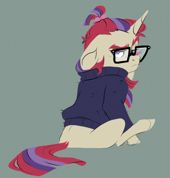 Size: 3130x3268 | Tagged: safe, artist:chub-wub, derpibooru import, moondancer, pony, unicorn, g4, clothes, female, floppy ears, glasses, high res, horn, image, jpeg, looking at you, looking back, looking back at you, mare, sitting, solo, sweater