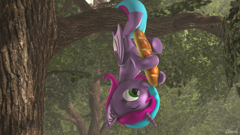 Size: 3840x2160 | Tagged: safe, artist:chacek757, derpibooru import, oc, oc:cloud twist, unofficial characters only, alicorn, bat pony, bat pony alicorn, unicorn, 3d, baguette, bat wings, bread, cute, folded wings, food, horn, image, licking, png, source filmmaker, tongue out, tree, upside down, wings