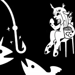 Size: 500x500 | Tagged: safe, artist:koveliana, queen chrysalis, changeling, changeling queen, /chag/, /mlp/, 4chan, black and white, black background, chair, female, food, grayscale, hairpin, hook, image, jpeg, monochrome, popcorn, reaction image, simple background, sitting, this is bait