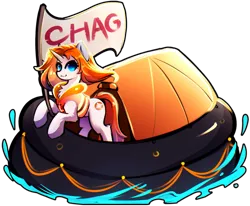 Size: 2185x1804 | Tagged: safe, artist:koveliana, oc, unnamed oc, unofficial characters only, pony, unicorn, /chag/, /mlp/, 4chan, female, flag, image, inflatable raft, lifejacket, looking at you, mare, png, raft, simple background, smiling, solo, transparent background