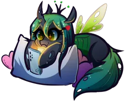 Size: 1080x875 | Tagged: safe, artist:koveliana, queen chrysalis, changeling, changeling queen, /chag/, /mlp/, 4chan, female, hairpin, heart, hoof hold, image, mobile phone, phone, pillow, png, simple background, smartphone, transparent background