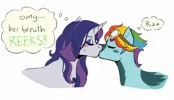 Size: 2070x1200 | Tagged: safe, artist:slapearl, derpibooru import, rainbow dash, rarity, pegasus, pony, unicorn, bad breath, blushing, duo, duo female, eyes closed, eyeshadow, female, french kiss, goggles, goggles on head, horn, image, jpeg, kissing, lesbian, makeup, mare, markings, multicolored hair, redesign, rizz, ship:raridash, shipping, simple background, sweat, thought bubble, white background