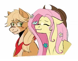 Size: 1650x1300 | Tagged: safe, artist:slapearl, derpibooru import, applejack, fluttershy, butterfly, earth pony, insect, pegasus, pony, accessory theft, alternate hairstyle, applejack's hat, band-aid on nose, bandaid, bandana, cowboy hat, duo, duo female, eyes closed, female, flower, flower in hair, freckles, hat, image, jpeg, lesbian, lipstick, mare, markings, redesign, ship:appleshy, shipping, simple background, white background