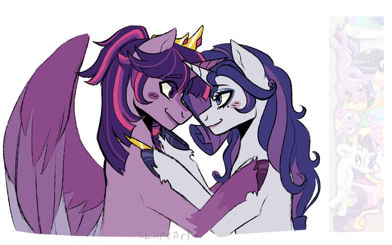 Size: 1600x1000 | Tagged: safe, artist:slapearl, derpibooru import, rarity, spike, twilight sparkle, twilight sparkle (alicorn), alicorn, dragon, pony, g4, alternate hairstyle, blushing, crown, duo, duo female, eyeshadow, female, hug, image, jewelry, jpeg, lesbian, lipstick, looking at each other, looking at someone, makeup, male, mare, markings, multicolored hair, redesign, regalia, ship:rarilight, shipping, simple background, unshorn fetlocks, white background