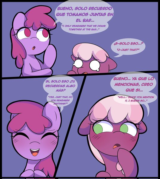 Size: 1828x2048 | Tagged: safe, artist:eltrash_art6, derpibooru import, berry punch, berryshine, cheerilee, earth pony, pony, comic:a crazy night, blushing, comic, crying, duo, duo female, eyes closed, female, image, jpeg, lesbian, mare, open mouth, ship:berrilee, shipping, spanish, translation