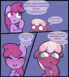 Size: 1828x2048 | Tagged: safe, artist:eltrash_art6, derpibooru import, berry punch, berryshine, cheerilee, earth pony, pony, comic:a crazy night, blushing, comic, crying, duo, duo female, eyes closed, female, image, jpeg, lesbian, mare, open mouth, ship:berrilee, shipping, spanish, translation