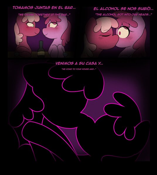 Size: 1828x2048 | Tagged: safe, artist:eltrash_art6, derpibooru import, berry punch, berryshine, cheerilee, earth pony, pony, comic:a crazy night, alcohol, blushing, booze, bottle, comic, drink, drunk, duo, duo female, eyes closed, female, french kiss, image, jpeg, kissing, lesbian, looking at each other, looking at someone, making out, mare, ship:berrilee, shipping, spanish, translation