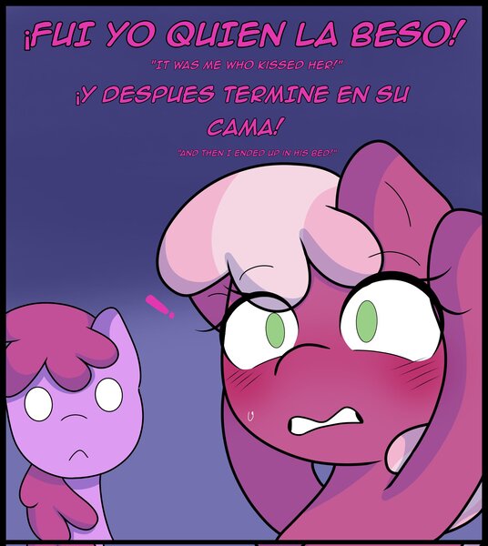 Size: 1828x2048 | Tagged: safe, artist:eltrash_art6, derpibooru import, berry punch, berryshine, cheerilee, earth pony, pony, comic:a crazy night, blushing, duo, duo female, exclamation point, female, gritted teeth, image, jpeg, lesbian, mare, misspelling, panic, panicking, ship:berrilee, shipping, spanish, sweat, sweatdrop, teeth, translation