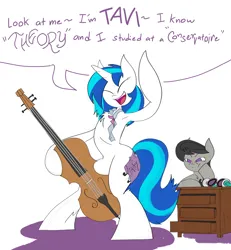 Size: 4800x5200 | Tagged: safe, artist:ponny, derpibooru import, octavia melody, vinyl scratch, earth pony, pony, unicorn, g4, armpits, bipedal, cello, chest fluff, colored, eyes closed, female, grumpy, horn, image, mare, musical instrument, octavia is not amused, paper, png, pouting, pouty lips, speech bubble, tape, text, unamused