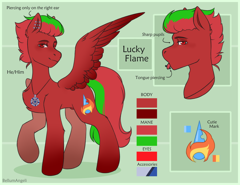 Size: 3900x3000 | Tagged: safe, artist:bellumangeli, derpibooru import, oc, oc:lucky flame, unofficial characters only, pegasus, chest fluff, colored wings, ear fluff, ear piercing, gradient wings, image, jewelry, looking back, male, necklace, pegasus oc, piercing, png, pronouns, reference, reference sheet, solo, solo male, tongue out, tongue piercing, wings