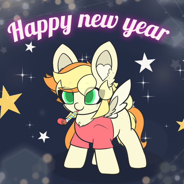 Size: 2241x2241 | Tagged: safe, artist:sodapop sprays, derpibooru import, oc, oc:sodapop sprays, unofficial characters only, pegasus, pony, g4, 2025, clothes, happy new year, holiday, image, new year, noisemaker, png, shirt, solo